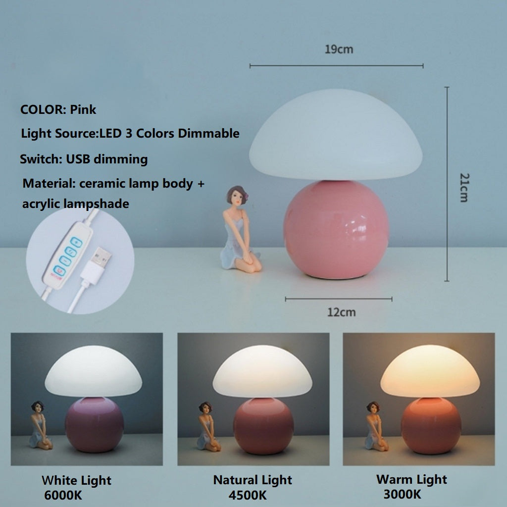 Cream Aesthetic Table Lamps with USB Dimmable 3-Color Modes, H21CM D19CM Pink Ceramic Mushroom Dome Shade Bedside Lamp for Bedroom Living Room House Home Office