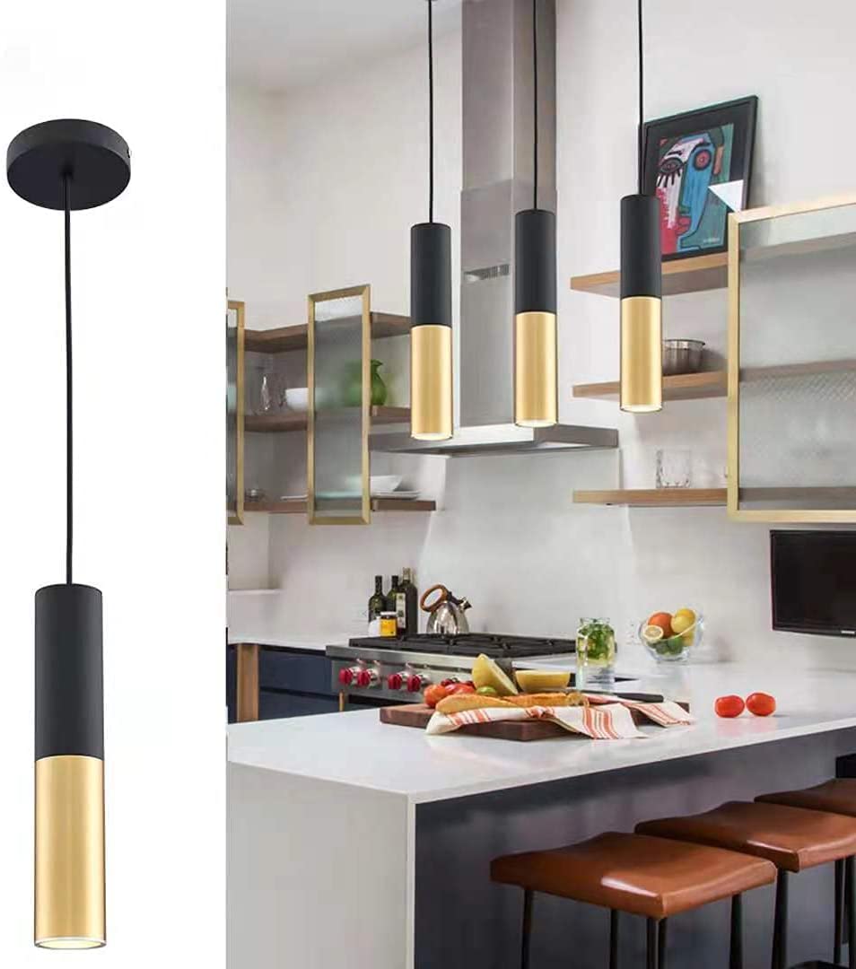 GU10 Dia 6CM L30CM Black Gold Kitchen Island Pendant Light Adjustable Height Mini Modern Black Hang Lamp for Dining Room, Bar, Coffee, Shop, Farmhouse