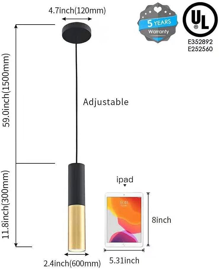 GU10 Dia 6CM L30CM Black Gold Kitchen Island Pendant Light Adjustable Height Mini Modern Black Hang Lamp for Dining Room, Bar, Coffee, Shop, Farmhouse
