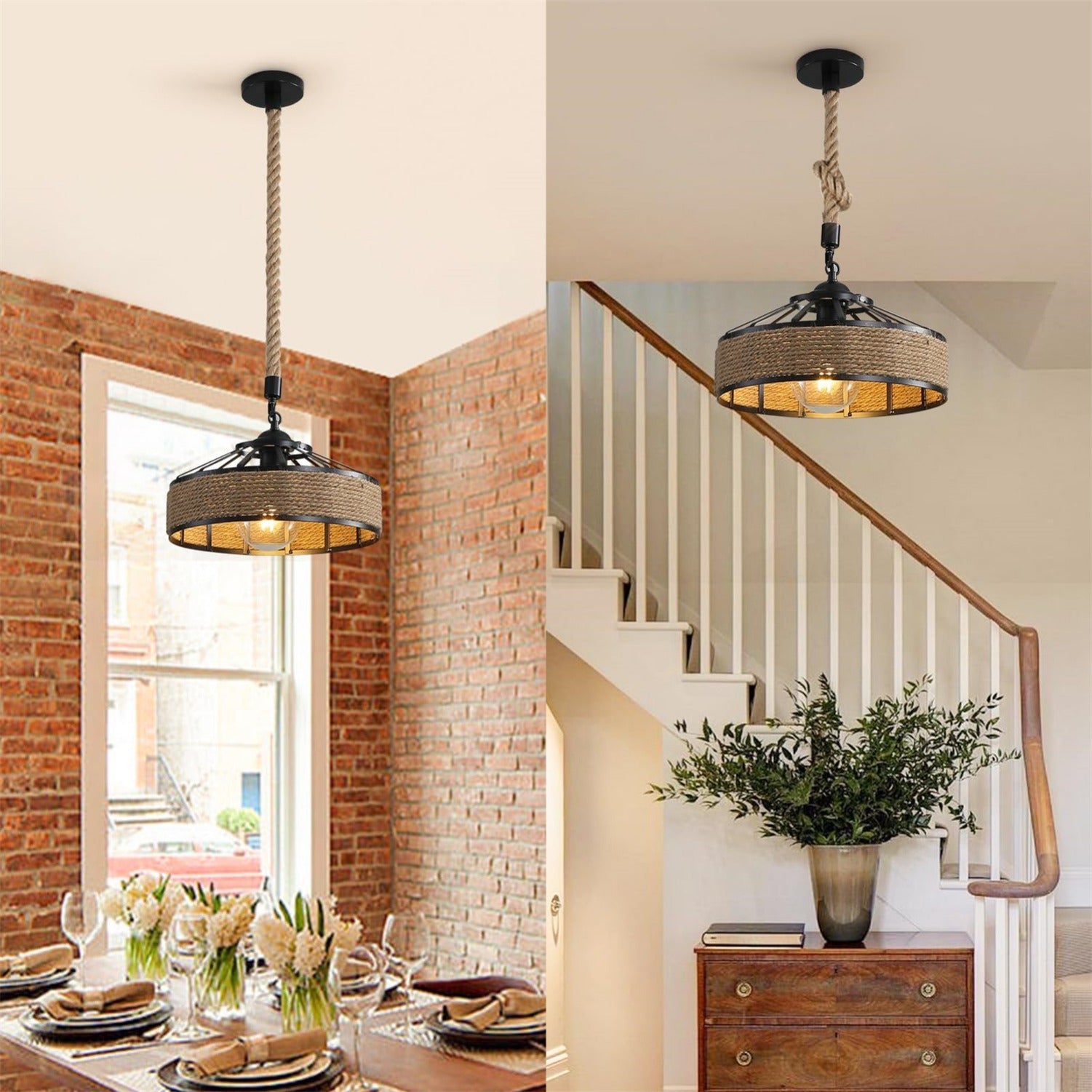 Rattan Pendant Light, Vintage Boho Rattan Ceiling Light Shade Ø30 cm, Wicker Light Shade E27, Rope Lampshade 80cm Adjusable for Dining Room Living Room Bedroom Hallway Kitchen Island