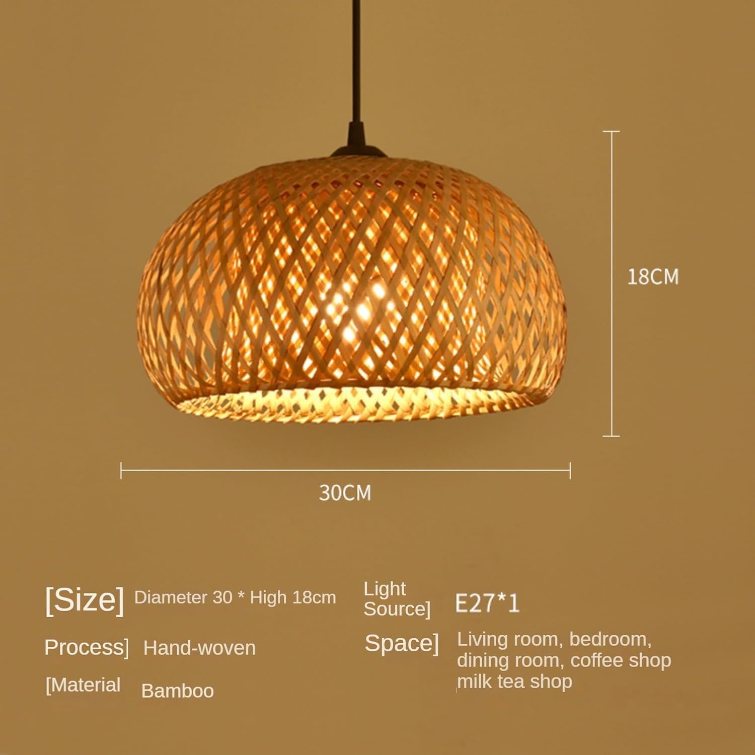 12'' Boho Rattan Pendant Light Fixture,E27 Hardwired Ceiling Hanging Light, Pendant Lighting Bamboo Wicker Chandelier Hanging Lamp for Kitchen Island Living Room Dining Room