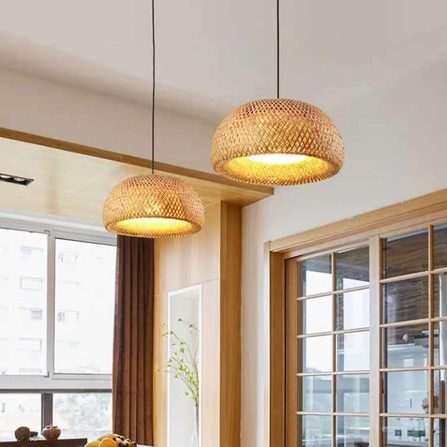 12'' Boho Rattan Pendant Light Fixture,E27 Hardwired Ceiling Hanging Light, Pendant Lighting Bamboo Wicker Chandelier Hanging Lamp for Kitchen Island Living Room Dining Room