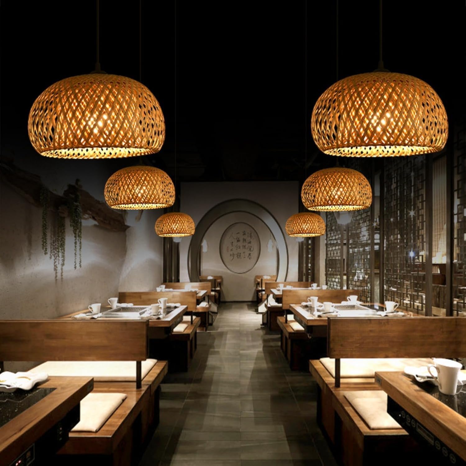 12'' Boho Rattan Pendant Light Fixture,E27 Hardwired Ceiling Hanging Light, Pendant Lighting Bamboo Wicker Chandelier Hanging Lamp for Kitchen Island Living Room Dining Room