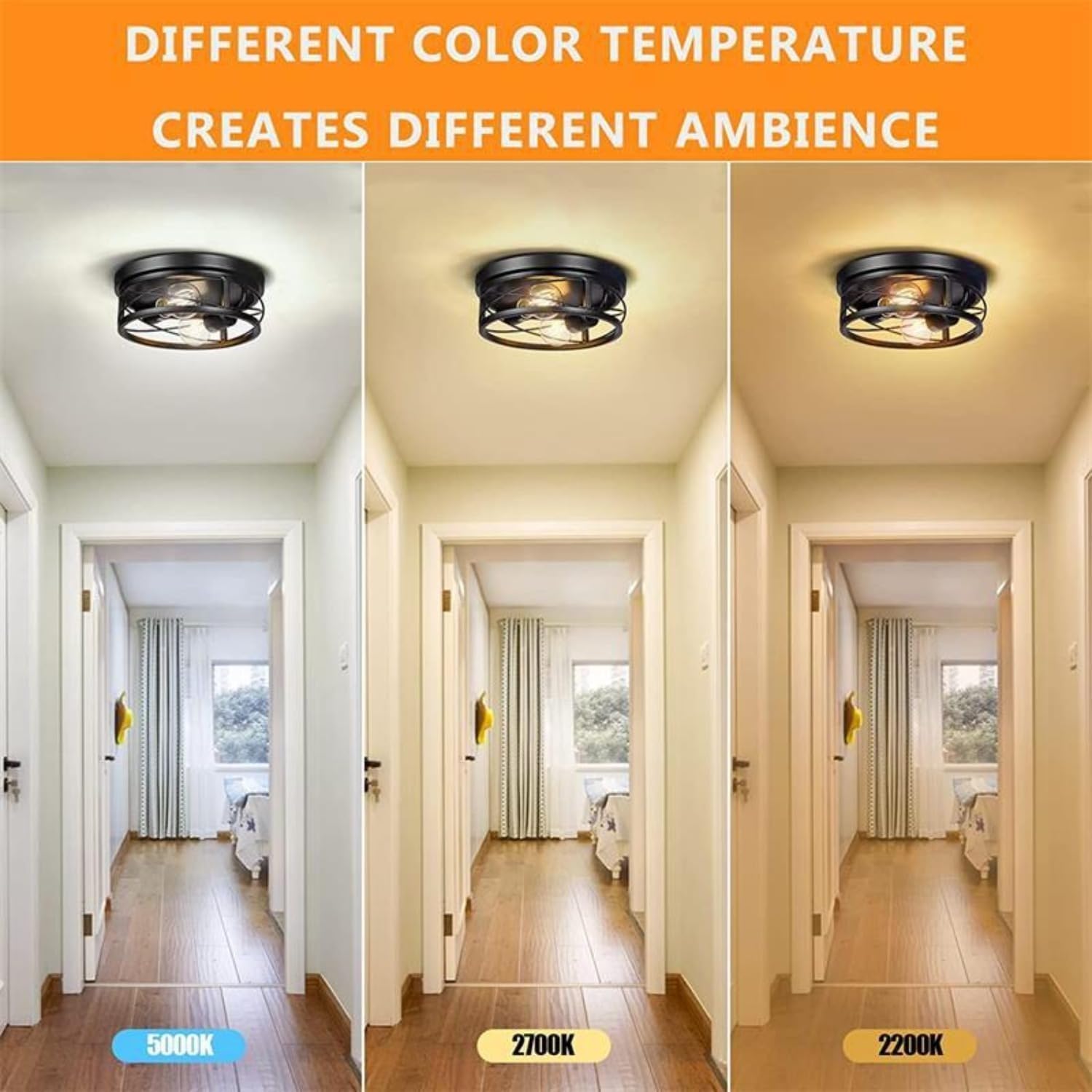 2-Light Semi-Flush Mount Ceiling Fixture - Industrial Black Metal Cage Design, Farmhouse Vintage Lighting for Bedroom, Hallway, Staircase (25cm Retro G45 Style)