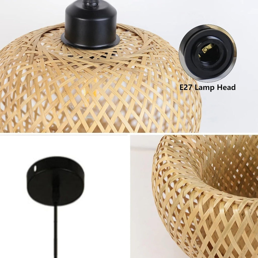 12'' Boho Rattan Pendant Light Fixture,E27 Hardwired Ceiling Hanging Light, Pendant Lighting Bamboo Wicker Chandelier Hanging Lamp for Kitchen Island Living Room Dining Room