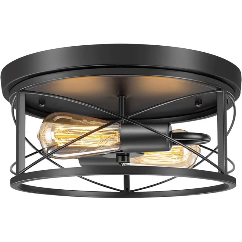 2-Light Semi-Flush Mount Ceiling Fixture - Industrial Black Metal Cage Design, Farmhouse Vintage Lighting for Bedroom, Hallway, Staircase (25cm Retro G45 Style)