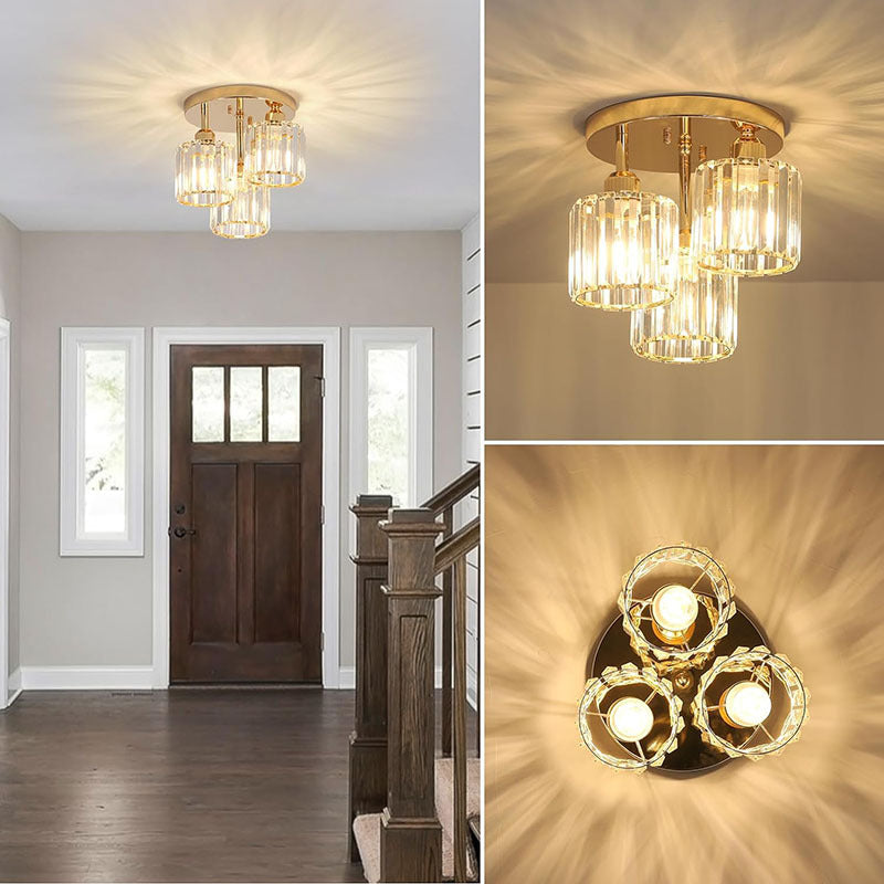 3-Light Modern Gold Crystal Semi-Flush Mount Ceiling Fixture - Adjustable Hanging Pendant Light with E26 Base for Bedroom, Living Room, Dining Room, Hallway