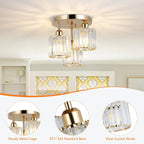 3-Light Modern Gold Crystal Semi-Flush Mount Ceiling Fixture - Adjustable Hanging Pendant Light with E26 Base for Bedroom, Living Room, Dining Room, Hallway