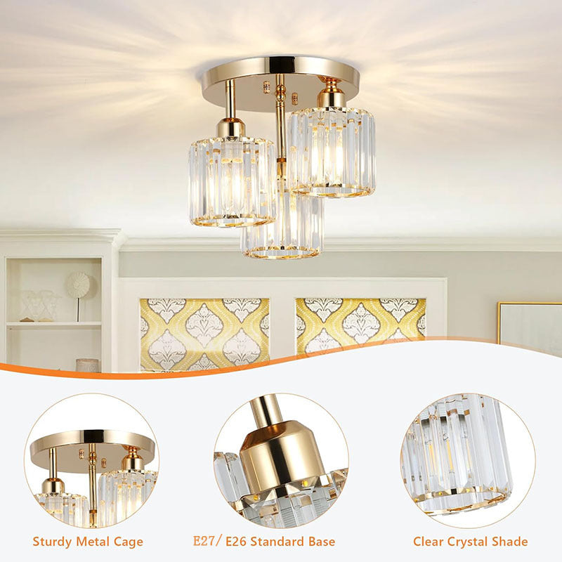 3-Light Modern Gold Crystal Semi-Flush Mount Ceiling Fixture - Adjustable Hanging Pendant Light with E26 Base for Bedroom, Living Room, Dining Room, Hallway