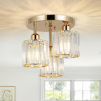 3-Light Modern Gold Crystal Semi-Flush Mount Ceiling Fixture - Adjustable Hanging Pendant Light with E26 Base for Bedroom, Living Room, Dining Room, Hallway