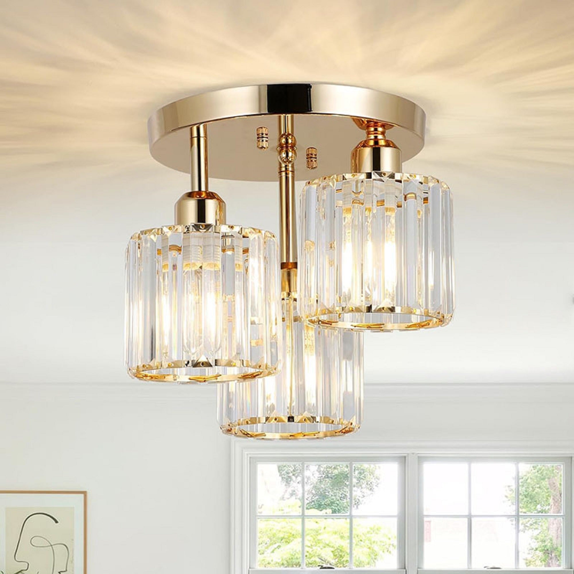 3-Light Modern Gold Crystal Semi-Flush Mount Ceiling Fixture - Adjustable Hanging Pendant Light with E26 Base for Bedroom, Living Room, Dining Room, Hallway