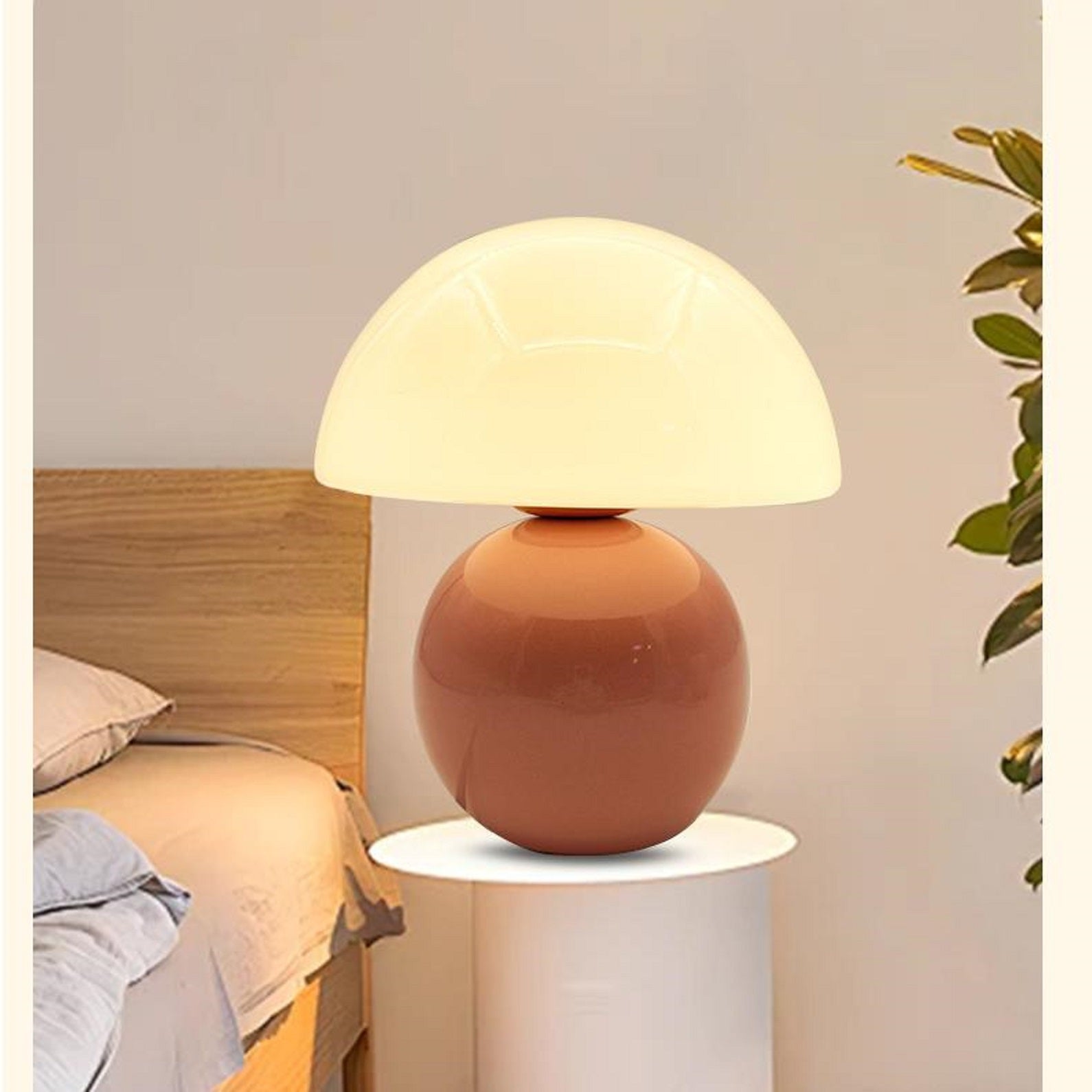Cream Aesthetic Table Lamps with USB Dimmable 3-Color Modes, H21CM D19CM Pink Ceramic Mushroom Dome Shade Bedside Lamp for Bedroom Living Room House Home Office