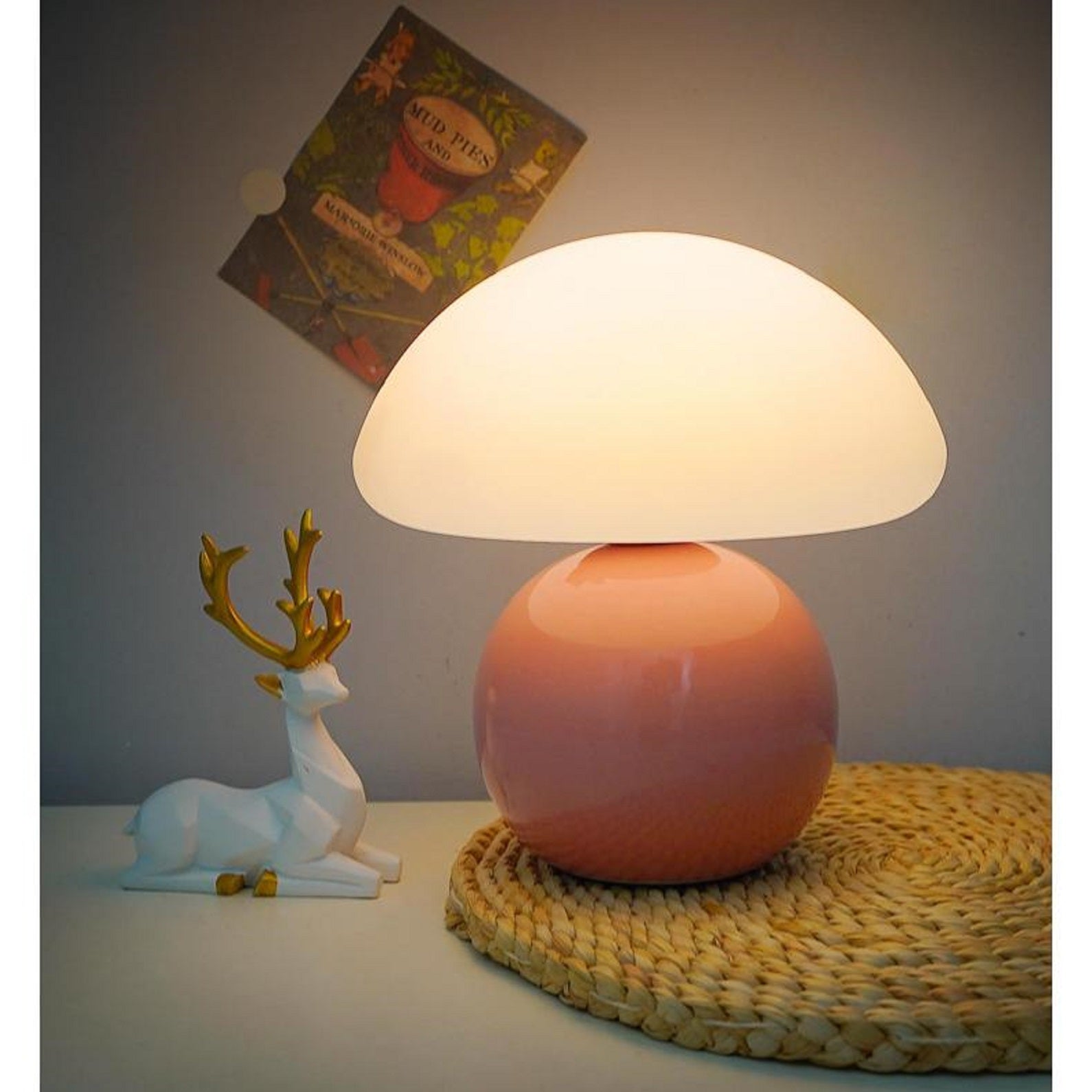 Cream Aesthetic Table Lamps with USB Dimmable 3-Color Modes, H21CM D19CM Pink Ceramic Mushroom Dome Shade Bedside Lamp for Bedroom Living Room House Home Office