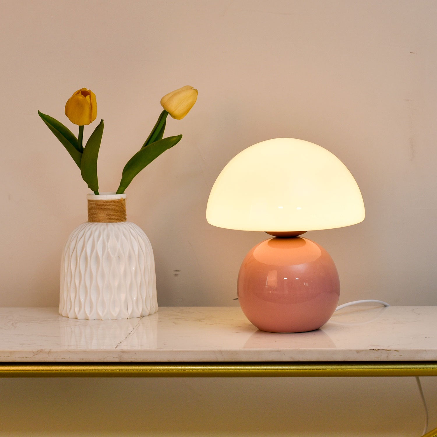 Cream Aesthetic Table Lamps with USB Dimmable 3-Color Modes, H21CM D19CM Pink Ceramic Mushroom Dome Shade Bedside Lamp for Bedroom Living Room House Home Office