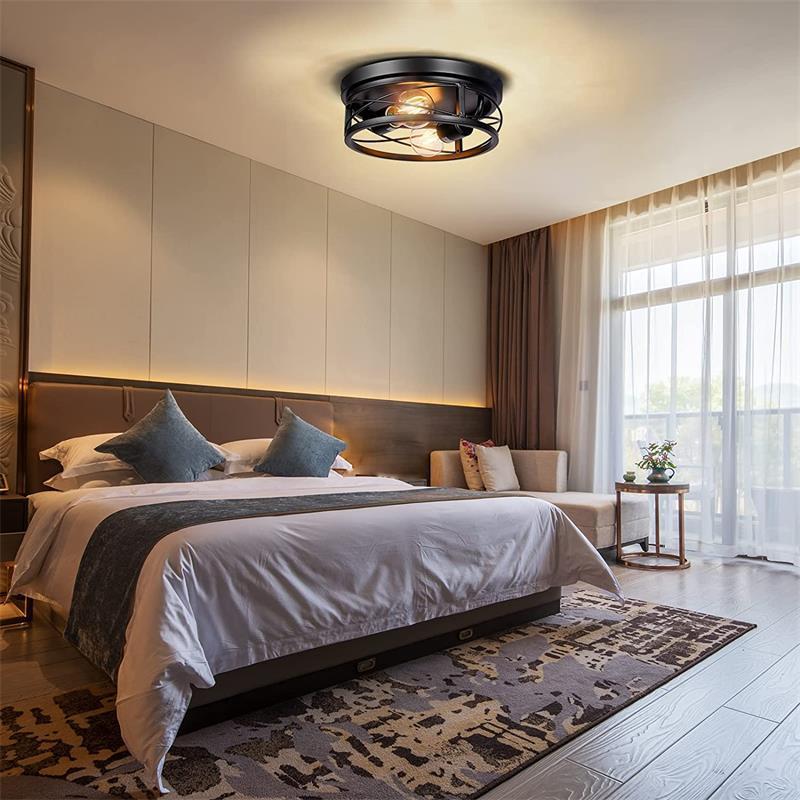 2-Light Semi-Flush Mount Ceiling Fixture - Industrial Black Metal Cage Design, Farmhouse Vintage Lighting for Bedroom, Hallway, Staircase (25cm Retro G45 Style)