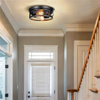 2-Light Semi-Flush Mount Ceiling Fixture - Industrial Black Metal Cage Design, Farmhouse Vintage Lighting for Bedroom, Hallway, Staircase (25cm Retro G45 Style)