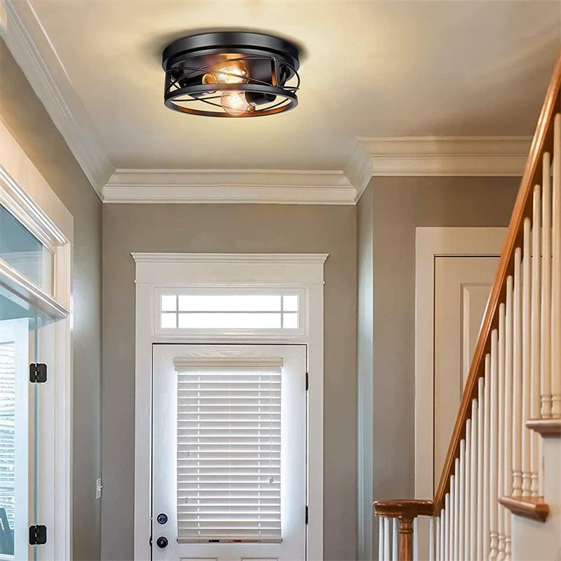 2-Light Semi-Flush Mount Ceiling Fixture - Industrial Black Metal Cage Design, Farmhouse Vintage Lighting for Bedroom, Hallway, Staircase (25cm Retro G45 Style)