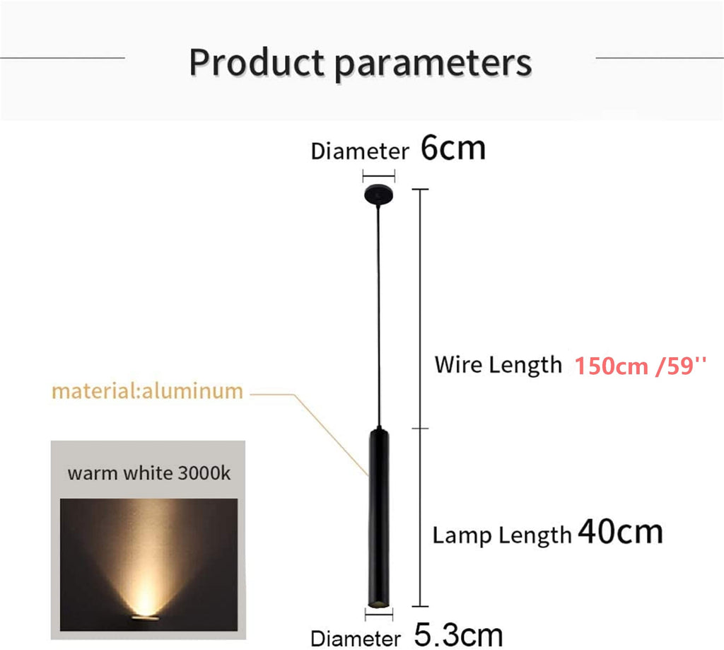 110V 12w 3000k Dia 5CM L40CM Tube LED COB Modern Pendant Lights Spot Light Downlight Hanging Lamp for Kitchen Island Dining Room Bar Counter Shop